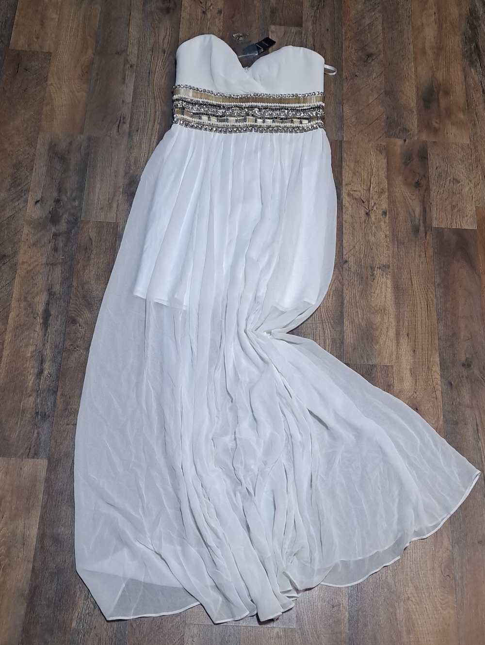 Bebe White Strapless Embellished Evening Gown. Beaded Waist. Size Size 8